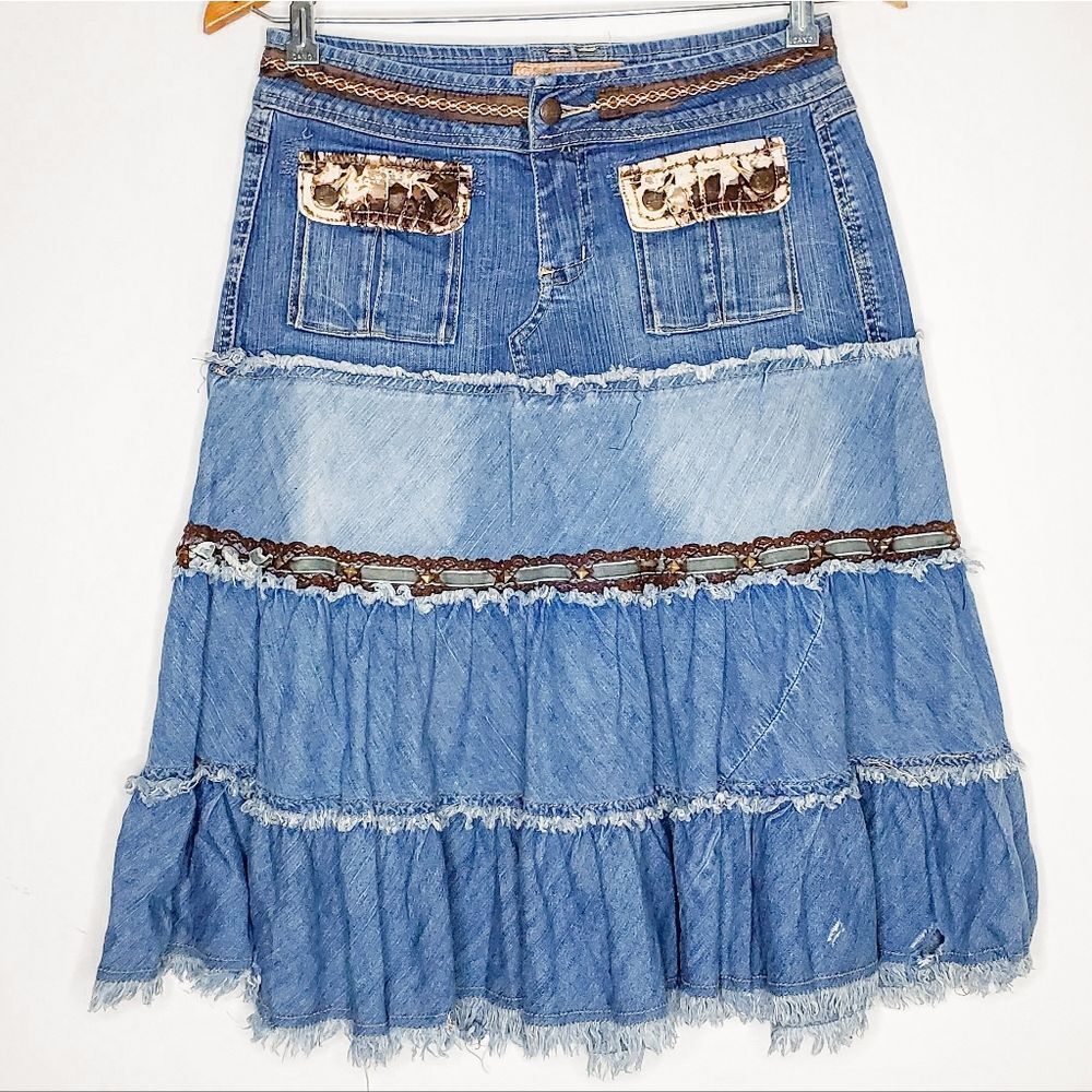 Vintage Y2K 90s 00s Candies Blue Low Rise Denim Studded Ribbon Tiered Skirt Sz 5